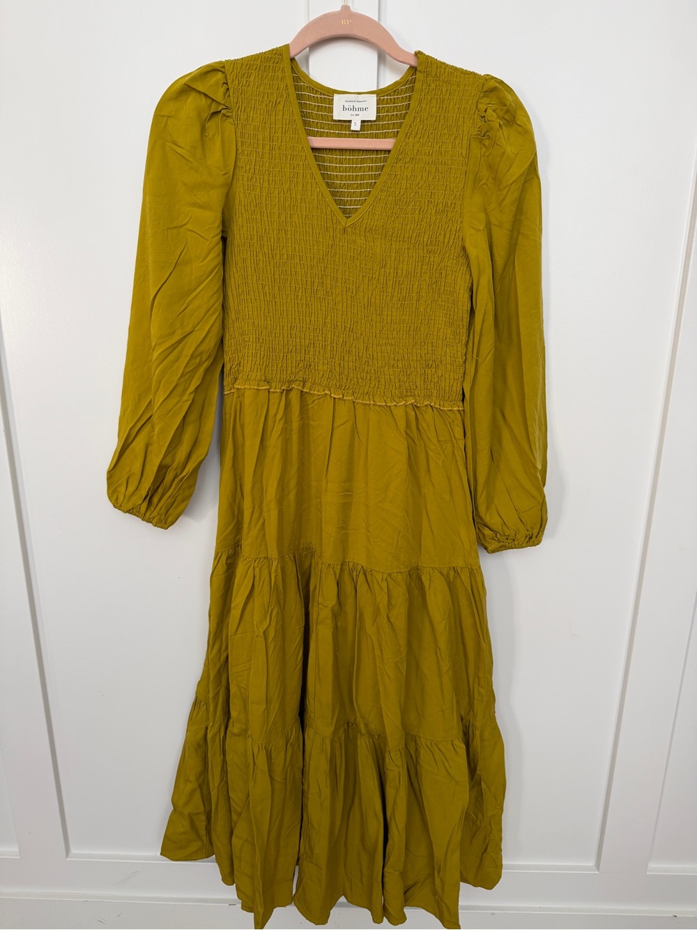 bohme Olive Green Smocked V‑Neck Tiered Maxi Dress